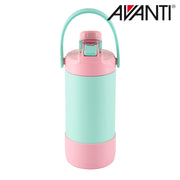 Blue and pink insulated kids water bottle with 2 way lid detail view 2
