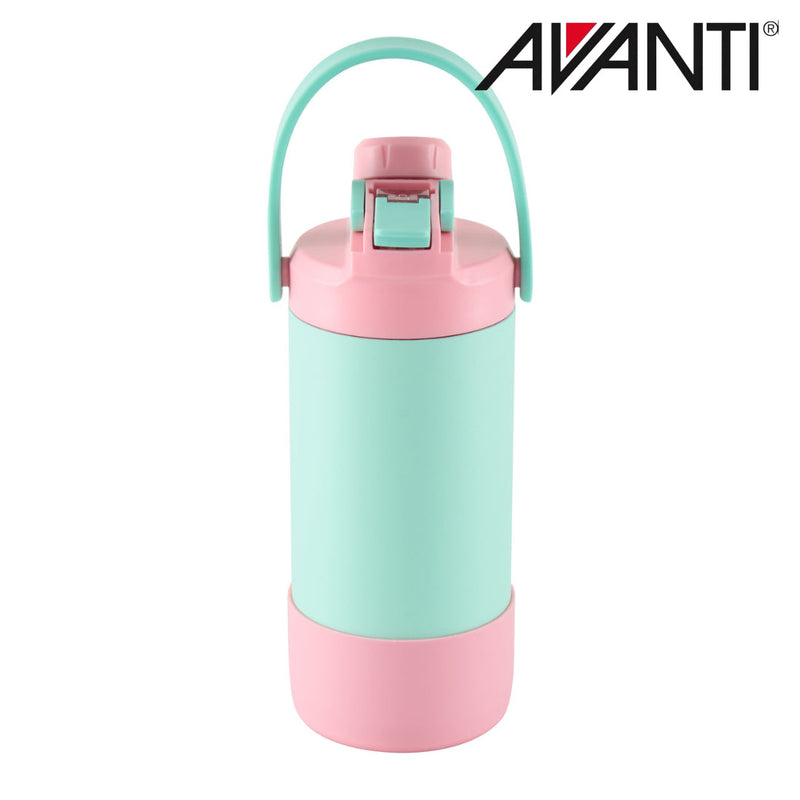 Blue and pink insulated kids water bottle with 2 way lid detail view 2