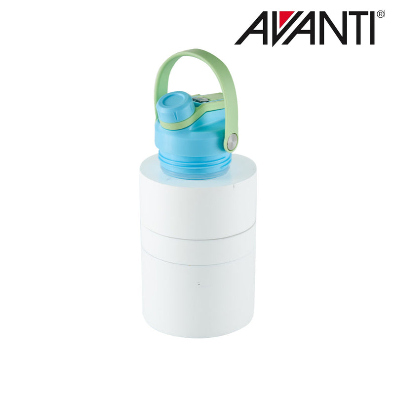 Green and blue insulated water bottle with dual opening lid detail view 10