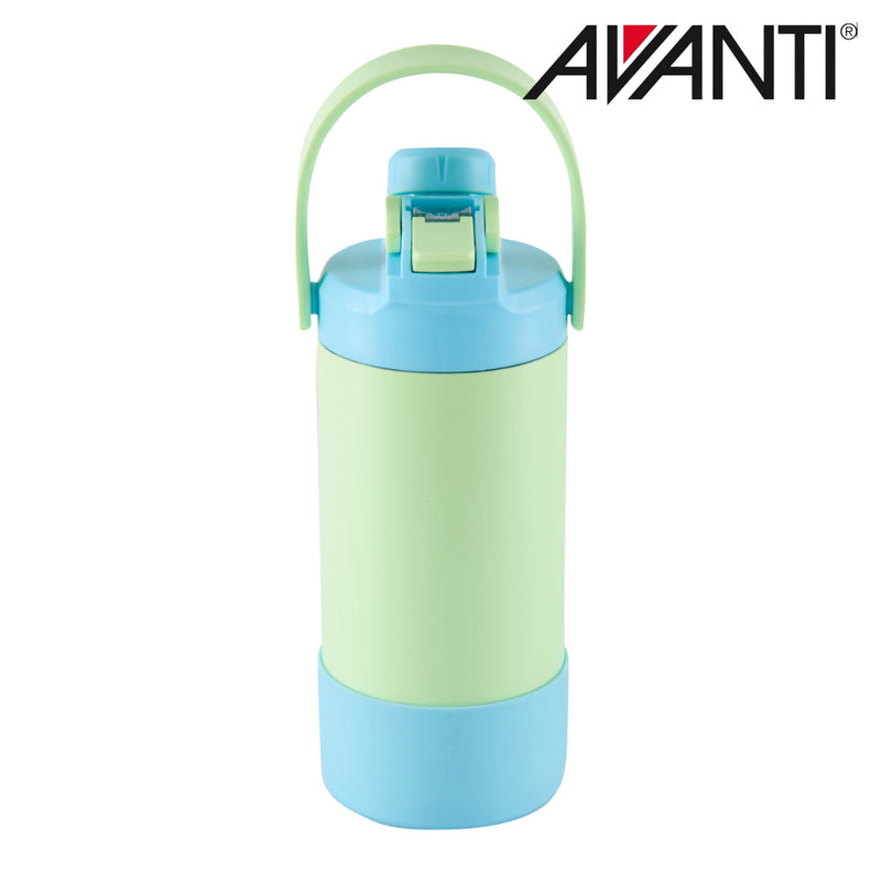 Green and blue insulated water bottle with dual opening lid detail view 2
