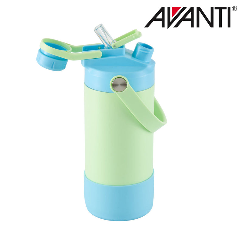Green and blue insulated water bottle with dual opening lid detail view 3