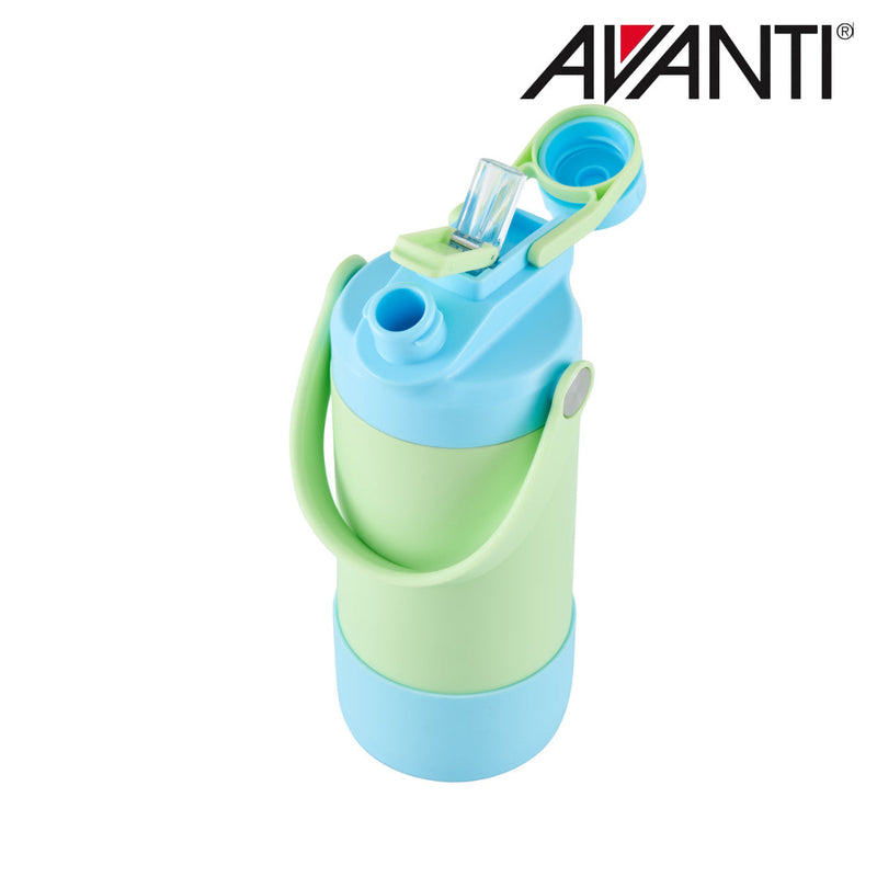 Green and blue insulated water bottle with dual opening lid detail view 4