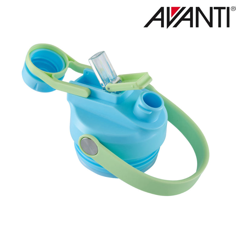 Green and blue insulated water bottle with dual opening lid detail view 6