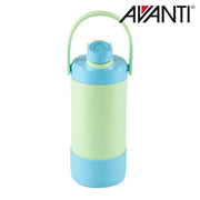Green and blue insulated water bottle with dual opening lid