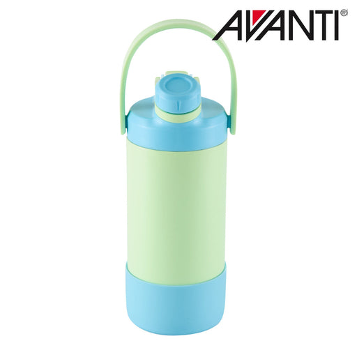 Green and blue insulated water bottle with dual opening lid