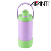 Purple and green insulated water bottle with 2 way lid detail view 1