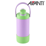 Purple and green insulated water bottle with 2 way lid detail view 2