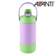 Purple and green insulated water bottle with 2 way lid detail view 3