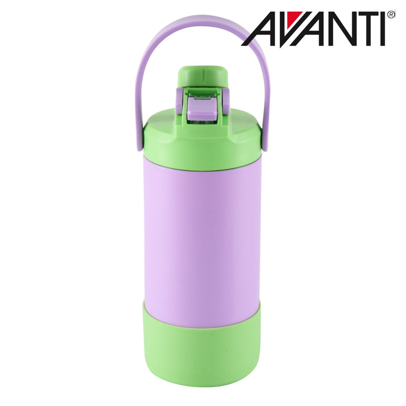 Purple and green insulated water bottle with 2 way lid detail view 3