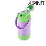 Purple and green insulated water bottle with 2 way lid detail view 5