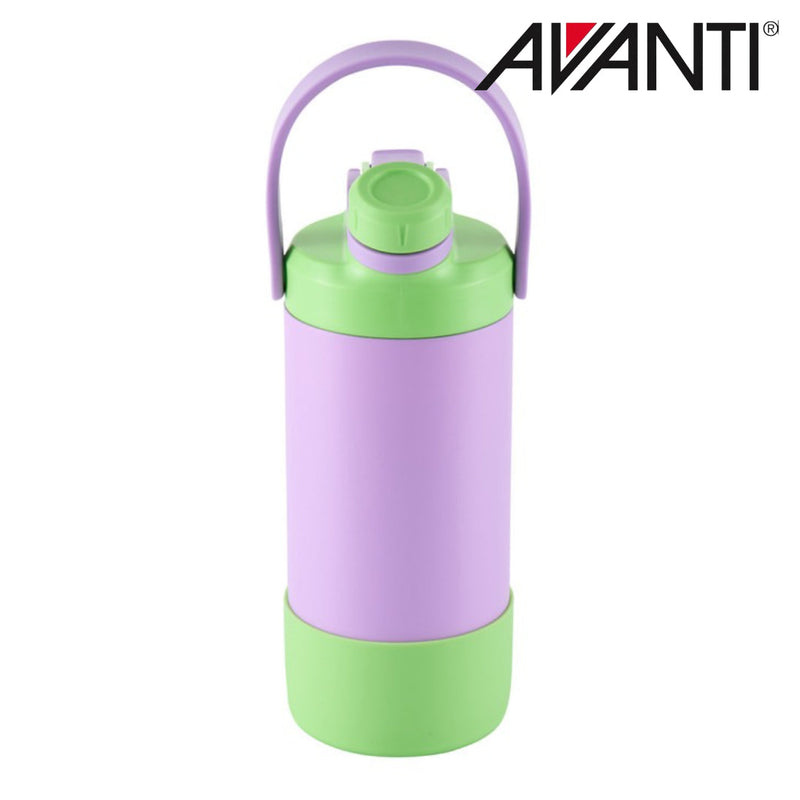 Purple and green insulated water bottle with 2 way lid