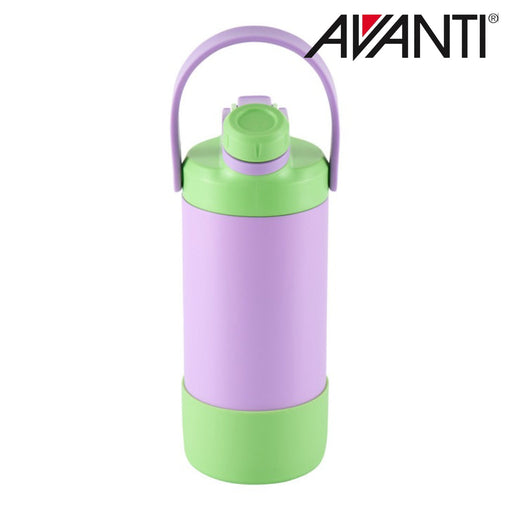 Purple and green insulated water bottle with 2 way lid