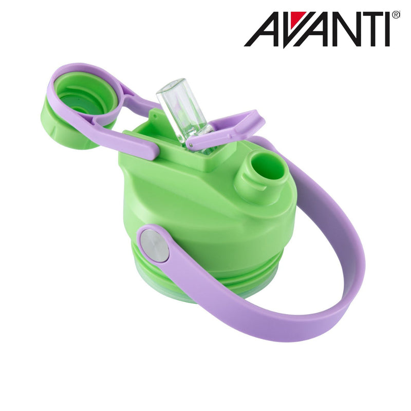 Purple and green insulated water bottle with 2 way lid detail view 6