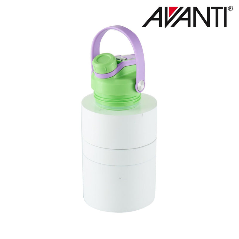 Purple and green insulated water bottle with 2 way lid detail view 9
