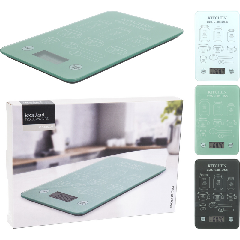 glass kitchen scale in 3 assorted colours