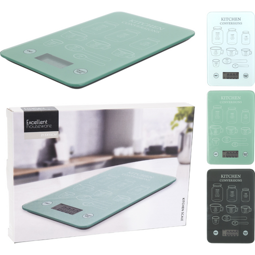 glass kitchen scale in 3 assorted colours