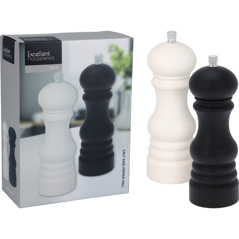 white and black pepper mill and salt shaker set