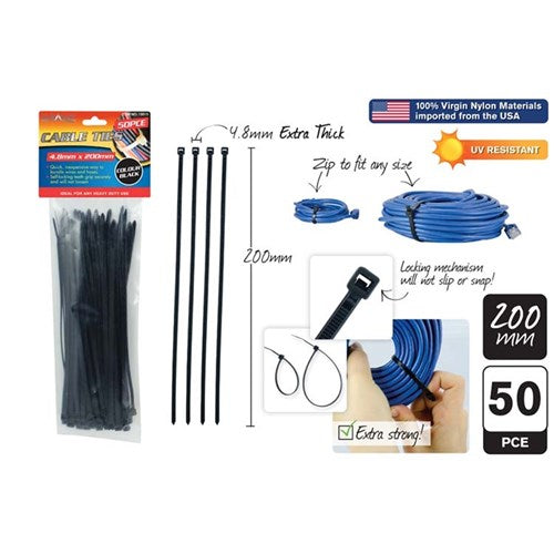 Black cable ties 4.8x200mm 50 piece pack