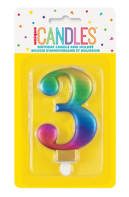 Metallic rainbow number 3 birthday candle