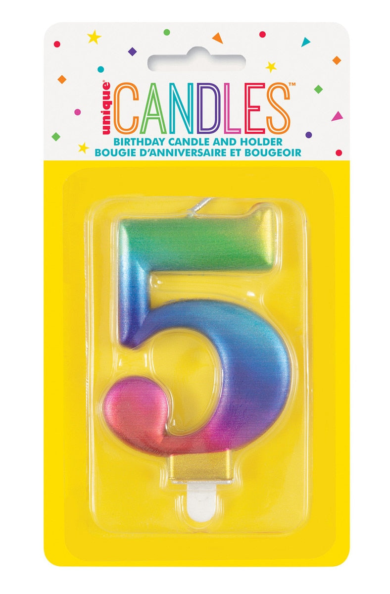 Metallic rainbow number 5 birthday candle