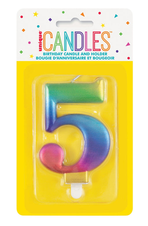 Metallic rainbow number 5 birthday candle