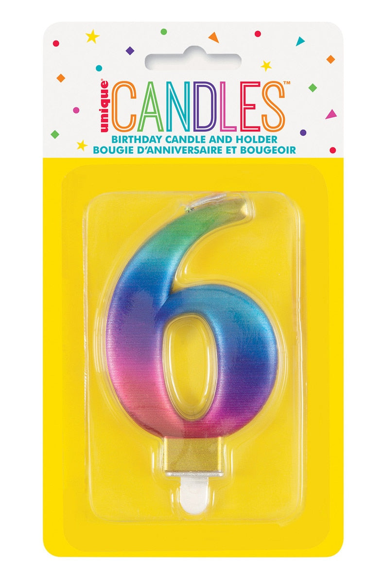Metallic rainbow number 6 birthday candle