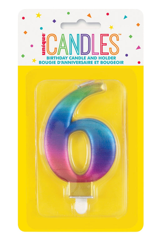 Metallic rainbow number 6 birthday candle