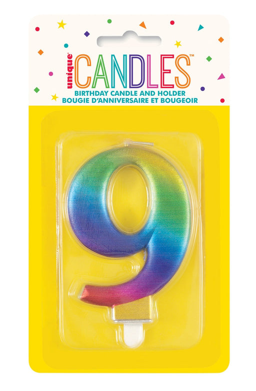 Metallic rainbow number 9 birthday candle