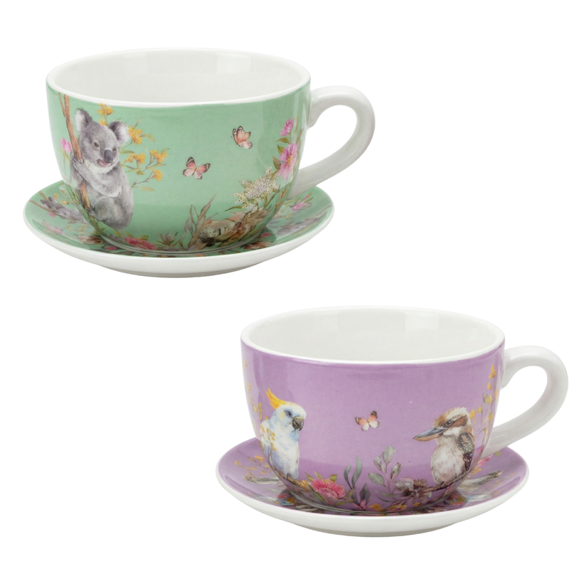 Two teacups with floral and animal designs on a white background
