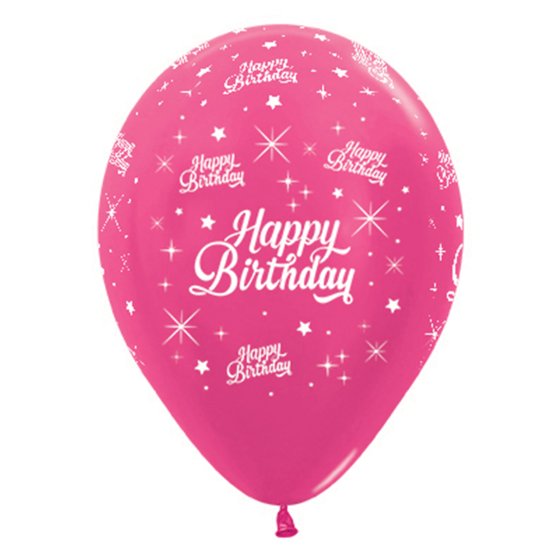 Sempertex Happy Birthday Twinkling Stars Metallic Fuchsia Latex Balloons 30cm 6pk