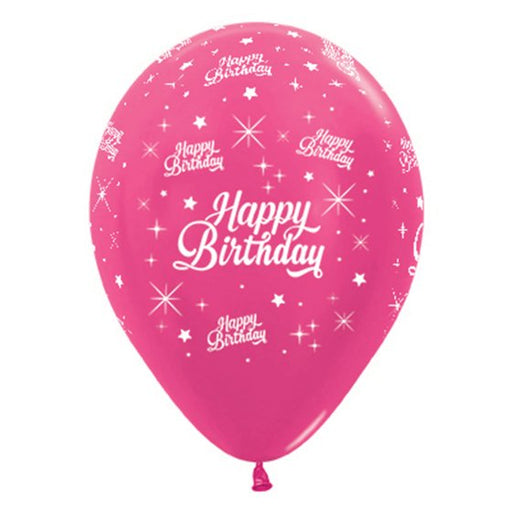 Sempertex Happy Birthday Twinkling Stars Metallic Fuchsia Latex Balloons 30cm 6pk