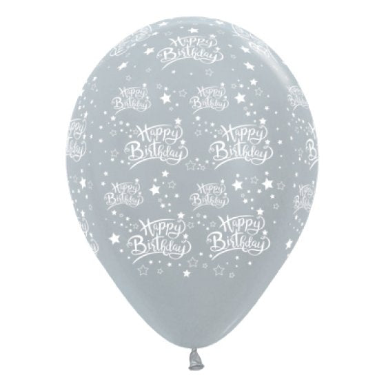 Sempertex Happy Birthday Stars Satin Pearl Silver Latex Balloons 30cm 6pk