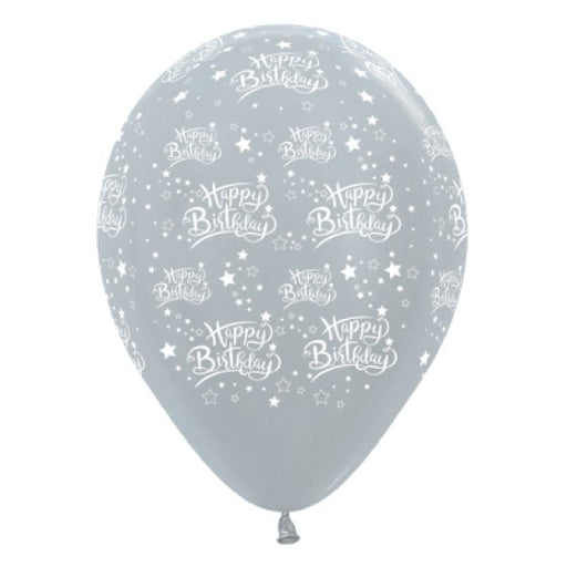 Sempertex Happy Birthday Stars Satin Pearl Silver Latex Balloons 30cm 6pk