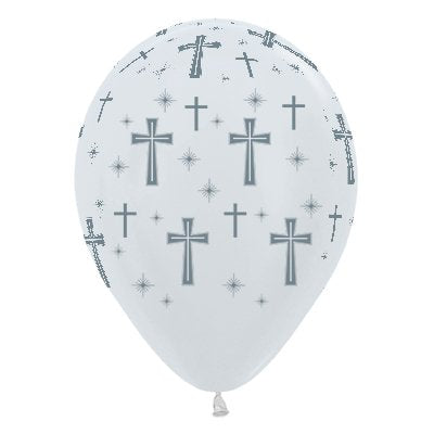 Holy Cross white satin pearl balloons