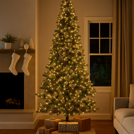 A glittery gold, 12-foot (366cm) artificial Christmas tree, designed to evoke a sense of festive elegance.
