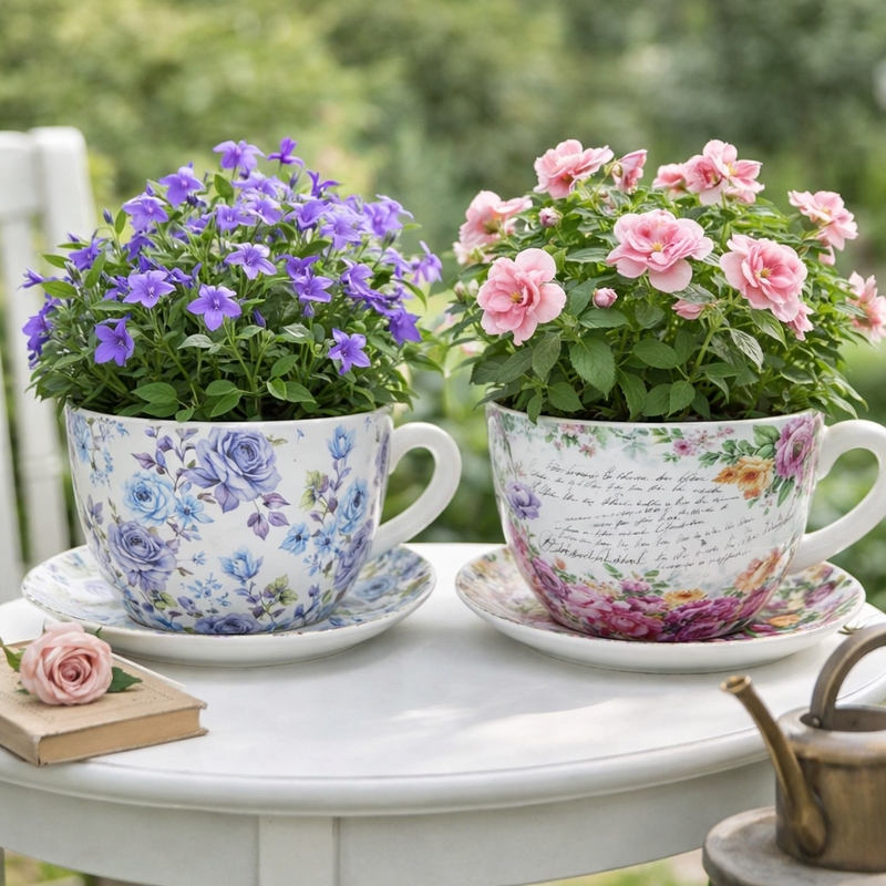 Two teacups repurposed as planters with flowers on a table outdoors.