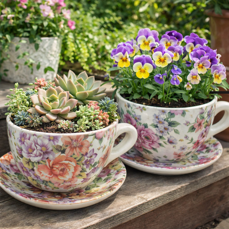 Two floral teacups and saucers with plants on a wooden surface