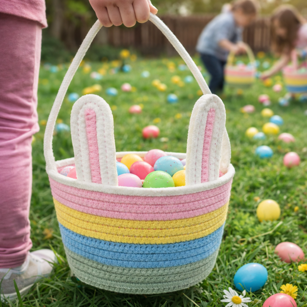 Easter hunting supplies including plastic eggs, baskets, buckets, felt bags and treat bags