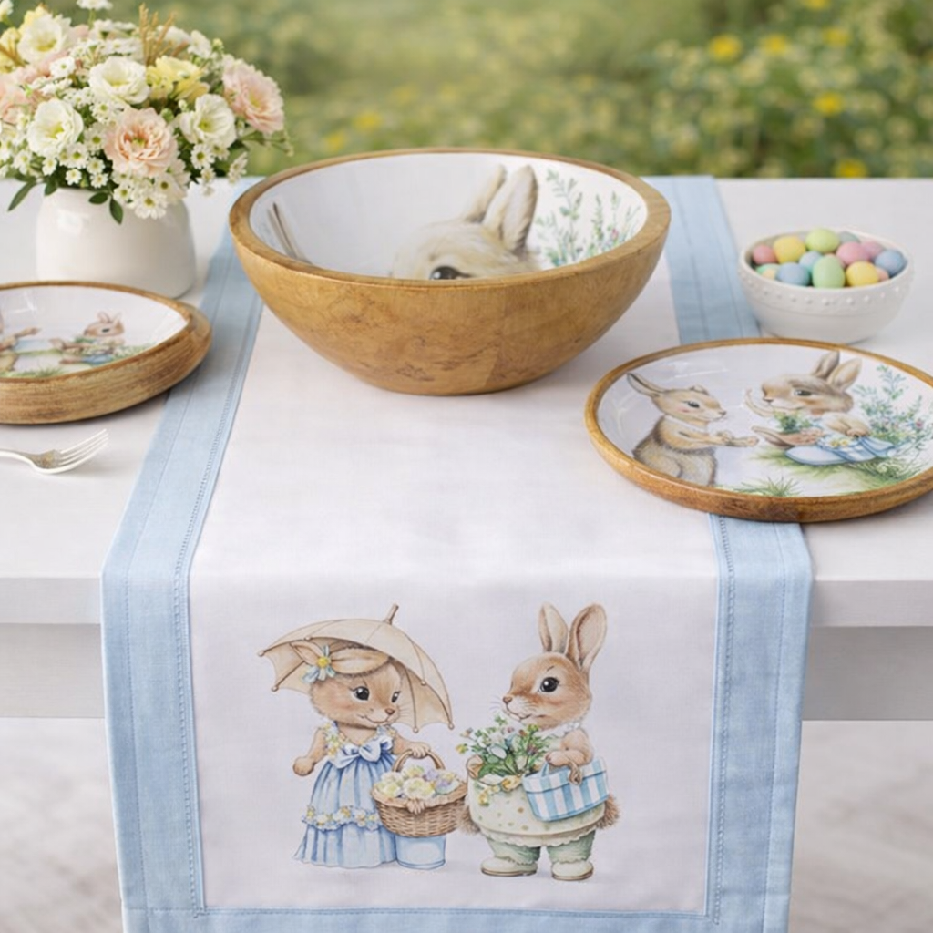 Easter tableware collection with Easter plates, cups, napkins and table cover