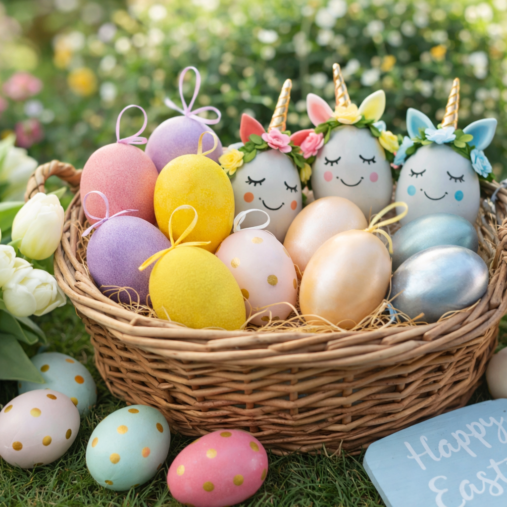 Assorted Easter eggs including fillable plastic eggs and decorative eggs for Easter hunts, crafting, and seasonal home decorating.