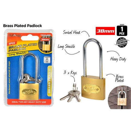 38mm brass plated long shank padlock