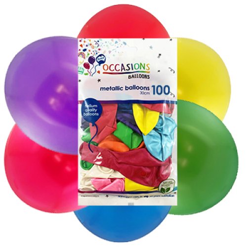 Assorted metallic 30cm latex balloons pack of 100