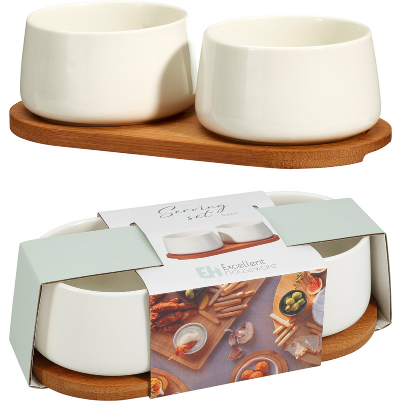 dark bamboo board with two 200ml porcelain bowls