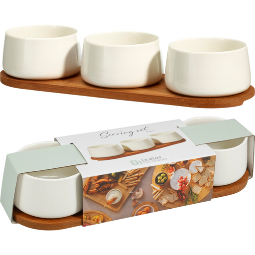 dark bamboo serving board with three 200ml porcelain bowls