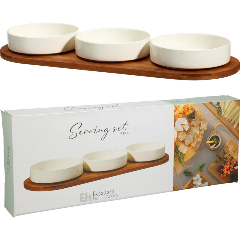 large dark bamboo serving board with three 390ml porcelain bowls