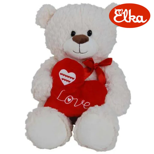 Cream fluffy teddy bear holding heart 30cm