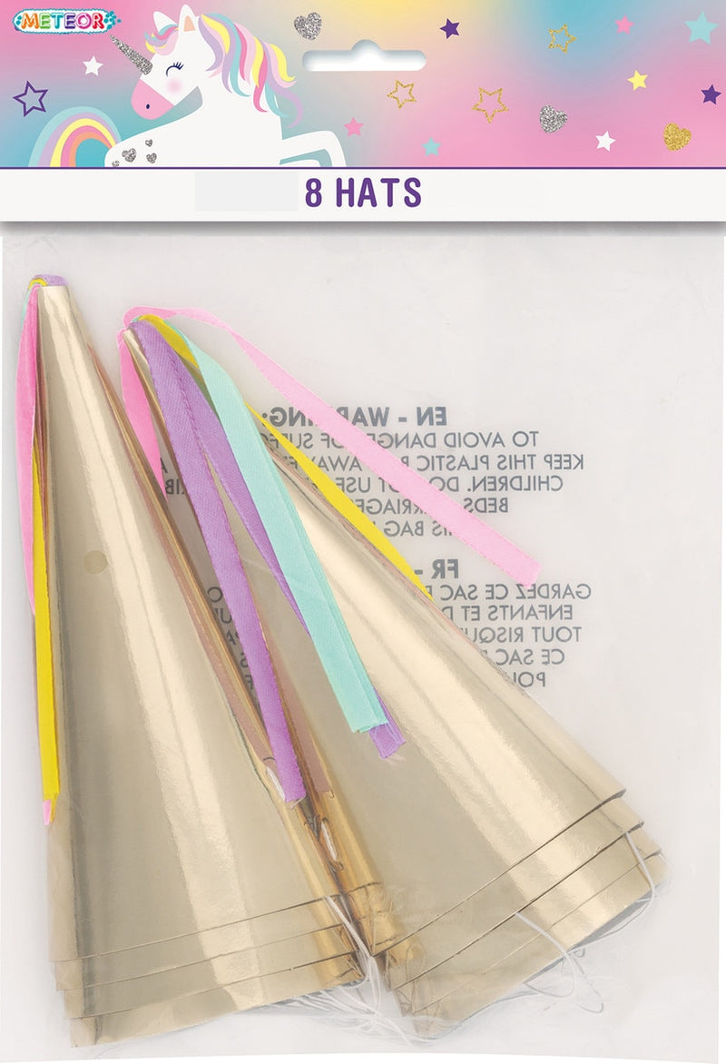 Pack of 8 gold unicorn horn party hats