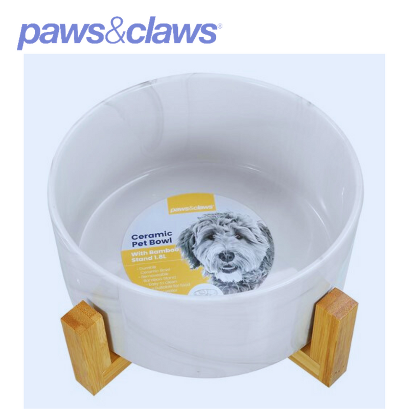 Ceramic Pet Bowl Marble W/ Bamboo Stand 1.8L 2 Asstd 19cm
