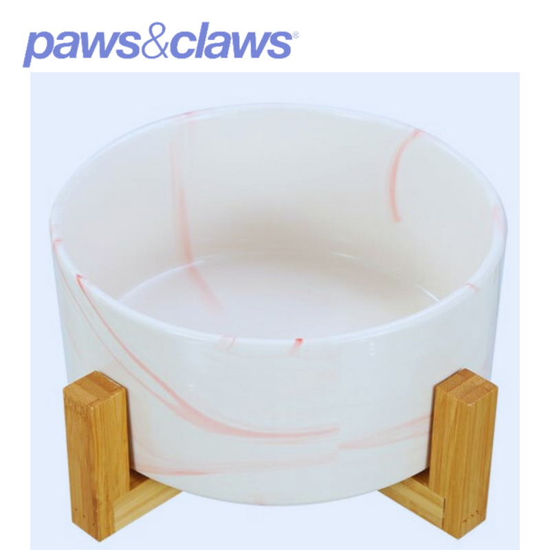 Ceramic Pet Bowl Marble W/ Bamboo Stand 1.8L 2 Asstd 19cm