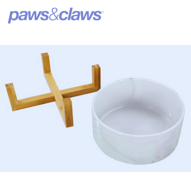 Ceramic Pet Bowl Marble W/ Bamboo Stand 1.8L 2 Asstd 19cm